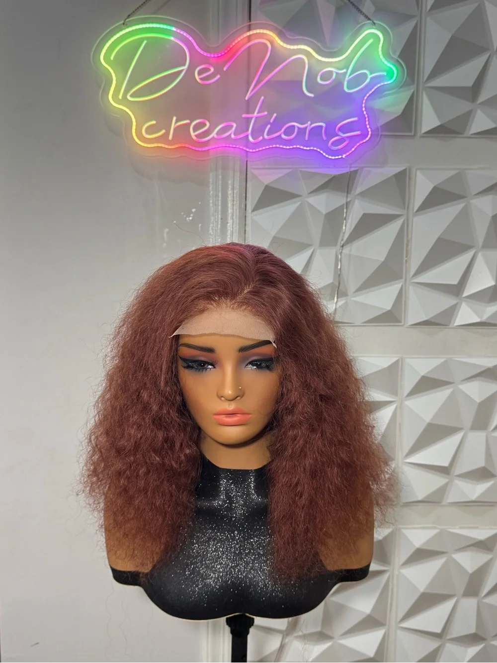 Curly Copper Wig 5x5 Lace Closure Glueless Wavy Hair Blend 14 Inches